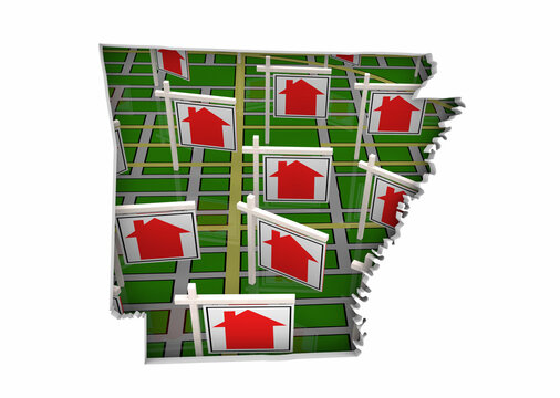 Arkansas AR State Real Estate Market Homes Houses For Sale Signs Map Move Relocate 3d Illustration