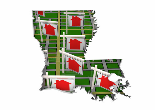 Louisiana LA State Real Estate Market Homes Houses For Sale Signs Map Move Relocate 3d Illustration