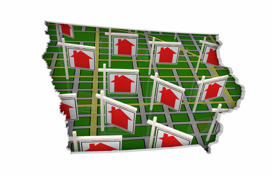 Iowa IA State Real Estate Market Homes Houses For Sale Signs Map Move Relocate 3d Illustration
