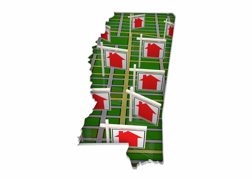 Mississippi MS State Real Estate Market Homes Houses For Sale Signs Map Move Relocate 3d Illustration