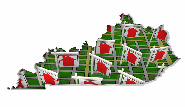Kentucky KY State Real Estate Market Homes Houses For Sale Signs Map Move Relocate 3d Illustration
