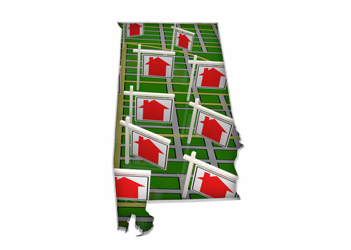 Alabama AL State Real Estate Market Homes Houses For Sale Signs Map Move Relocate 3d Illustration