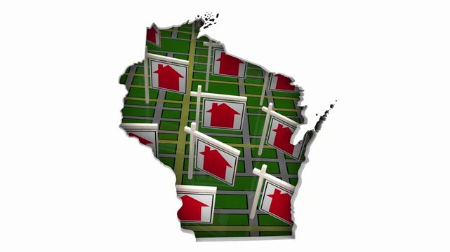 Wisconsin WI State Real Estate Market Homes Houses For Sale Signs Map Move Relocate 3d Animation