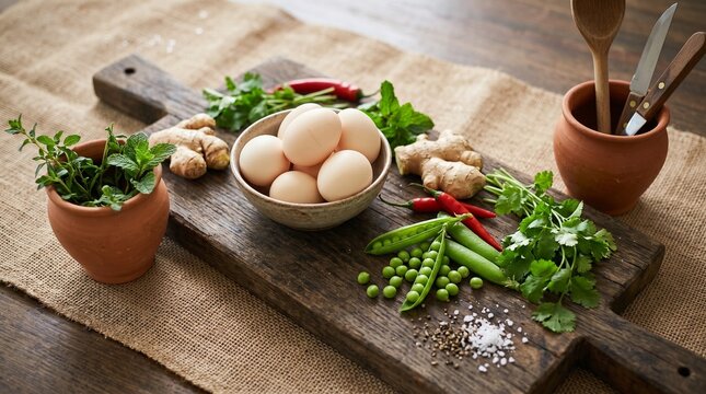 Rustic kitchen scene with eggs, fresh herbs, ginger, chili peppers, and vegetables on a wooden cutting board with clay pots and utensils, perfect for cooking, recipe, and food blog.