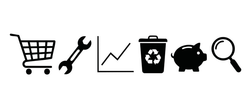 Business Icon Set Shopping Wrench Graph Recycle Piggy Bank Search for Web Design and App Interface Development, Minimalist Black Graphic Symbols Vector Collection for UI UX Digital Marketing Projects.