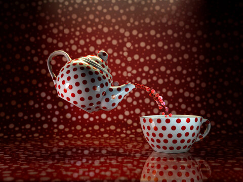 Conceptual tea being poured from a polka dot teapot into a tea cup with a dotted background
