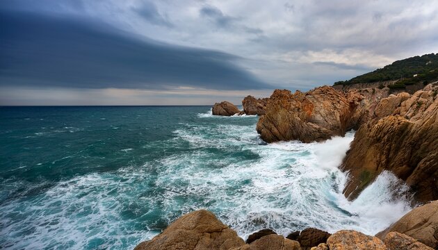 Waves Crashing Against Cliffs In Altafulla On A Cloudy Day Catalonia