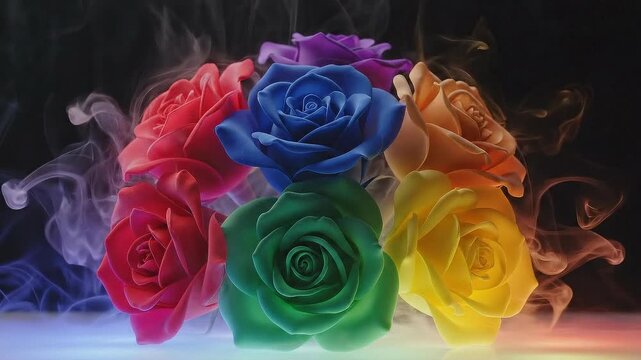 A group of multi colored roses is placed on a surface covered in ice. Smoke swirls around them, adding depth and interest. The setting highlights the roses in a unique way.