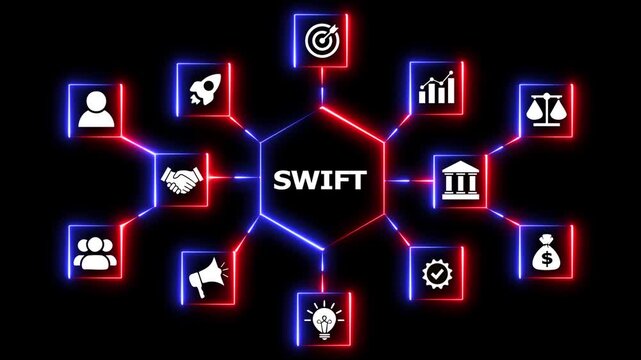 Swift global finance network digital infographic app. Digital network infographic showing swift communication system with glowing icons for business and finance management data.
