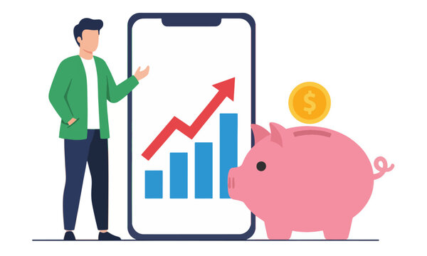 Man Tracking Financial Growth on Smartphone with Piggy Bank