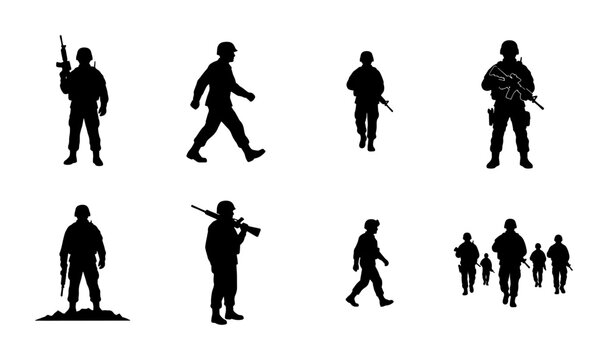 Military soldier silhouettes set, armed infantry troops in combat poses, tactical army personnel vector icons, black war fighter figures