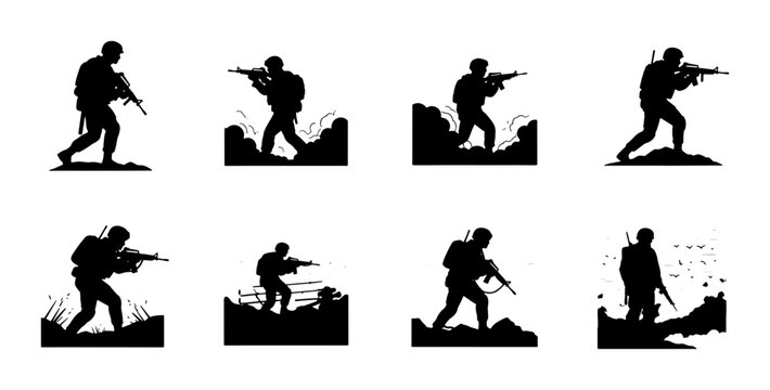 Military soldier silhouettes set, 8 tactical infantry vector icons, armed special forces troops in combat poses, black army personnel graphics