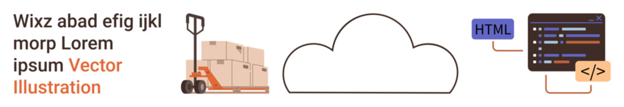 Cloud computing, logistics operations, web development, data synchronization, coding, e-commerce. Forklift with boxes, cloud icon coding interface. Cloud computing and logistics operations concept