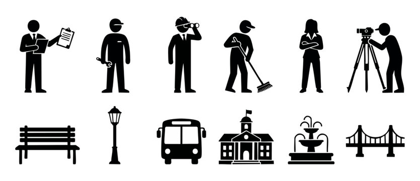 Professional worker icons set, urban infrastructure and construction symbols, business people silhouettes for infographic design, industrial maintenance, city building elements, civil engineering blac