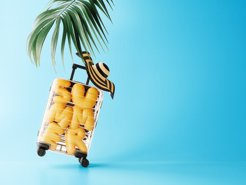 Summer travel. Luggage with yellow summer text and palm leaf on blue background with copy space. 3D Rendering, 3D Illustration
