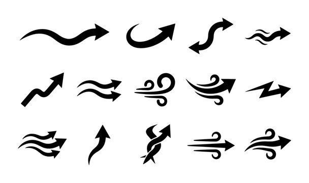 Black curved arrow icons set, 15 wind and motion vector elements, dynamic wave and swirl directional symbols for infographic design