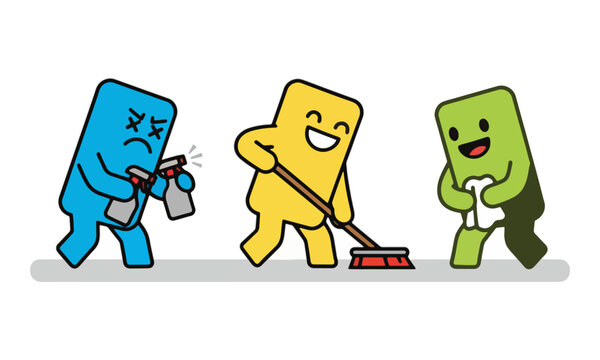 Cartoon Character Team Cleaning with Broom and Spray Bottle Vector