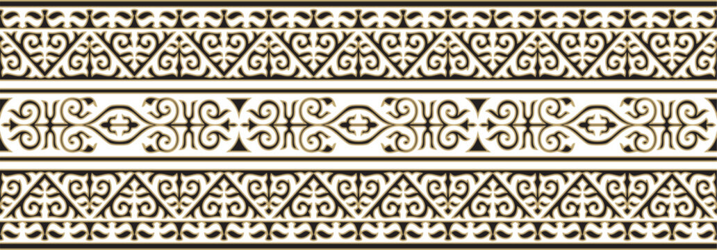 Kazakh national endless gold and black ornament. Ethnic pattern. Border reflecting nomadic culture. Suitable for design and textiles.
