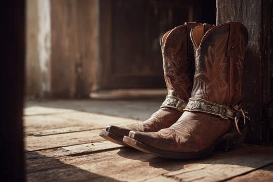 Leather cowboy boots with metal spurs resting on grainy wooden planks in a western still life