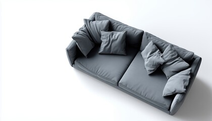 Fototapeta premium Top View Of Modern Grey Fabric Sofa On White Background - Contemporary Design For Stylish And Minimalistic Living Spaces.