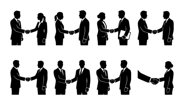 Business Handshake Silhouettes: Diverse Professionals Agreeing, Partnership Icons, Corporate Deal Making, Teamwork Vector Set