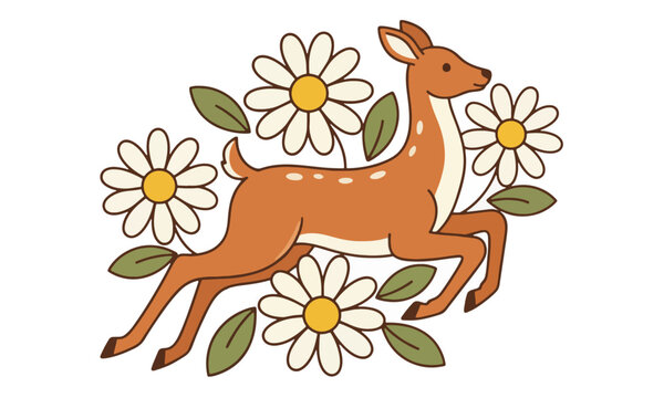 Jumping Deer with Daisies and Floral Elements Vector