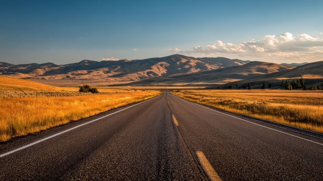 Lonely two-lane road stretching across expansive Wyoming plains