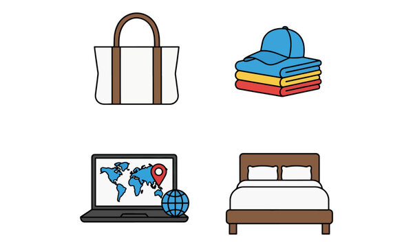 Travel planning icon set with bag, clothing, laptop and bed