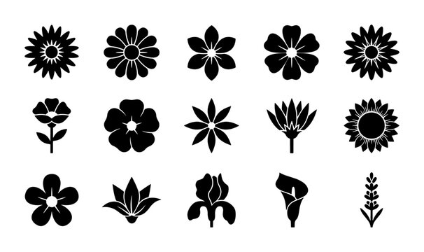 Minimalist black flower icons set, 15 floral silhouette vector elements, simple botanical blossom symbols for logo design and web UI