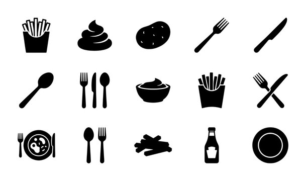 Minimalist potato and cutlery icon set, 15 black solid vector symbols of french fries and kitchen utensils, restaurant dining and fast food graphics