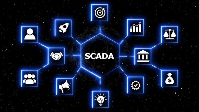 Scada industrial system network with digital icons. Motion graphic showing SCADA acronym surrounded by business and technology icons in space with glowing neon animation.