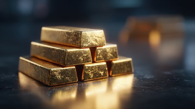 Luxurious gold bullion stack photographed with soft focus background, emphasizing weight and shine