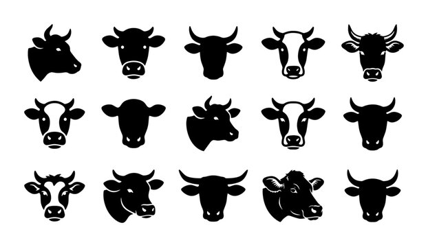 Minimalist cow head icons set, black cattle face silhouette collection, 15 bull and heifer vector symbols for farm branding and dairy logos