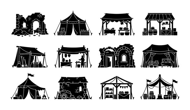 Medieval market stalls and village tents silhouette set, 12 historical building icons, ancient ruins and merchant camp vector elements for game design