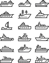 Ship line icons featuring cargo vessel, marine transport, sailing, shipping symbols in clean editable outline vector style © BASAR BIN HABIB
