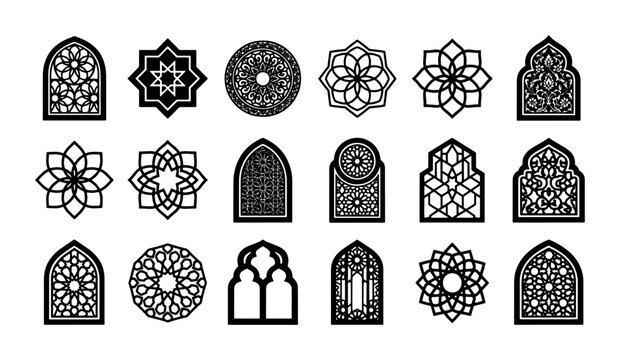 Islamic geometric patterns and arabic window frames, 18 black silhouette icons, traditional oriental architectural elements for ramadan and eid decor