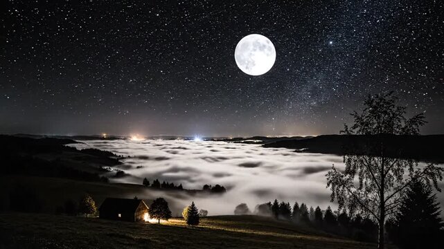 A serene nighttime landscape with a full moon shining brightly over a foggy valley surrounded by trees and a lit house in the distance.