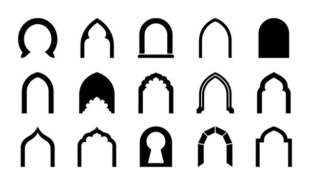 Islamic arch silhouette collection, 15 oriental window and door frames, arabic architectural portal icons, black moroccan gate vector set