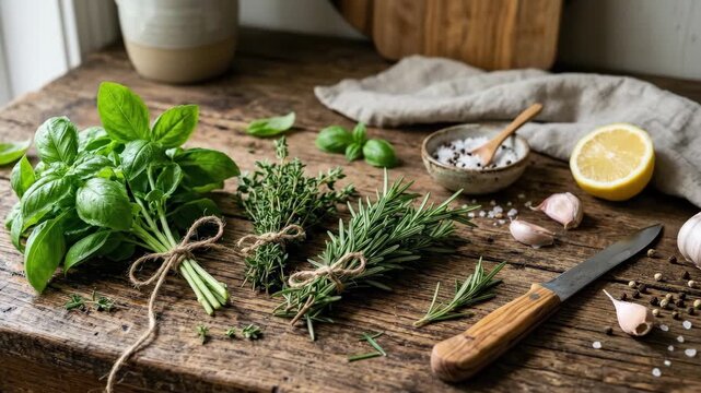 Fresh herbs including basil, thyme and rosemary on a rustic wooden surface, culinary inspiration concept, vivid green textures, natural soft light, realistic food photography, no logos