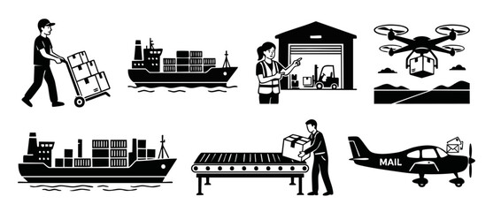 Obraz premium Logistics and shipping icons set with warehouse workers, cargo ships, delivery drones and airplanes. Flat black vector illustrations for supply chain management, transportation services, and e-commerc