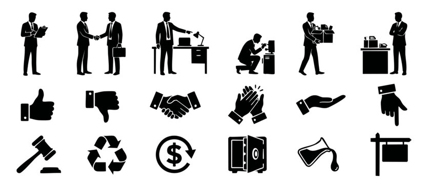Business People Icons Set for Corporate Projects and Web Design, Professional Businessman Silhouettes with Hand Gestures and Financial Symbols for Marketing Materials, Infographics, and UI Interface A