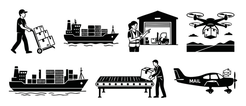 Logistics and shipping icons set with warehouse workers, cargo ships, delivery drones and airplanes. Flat black vector illustrations for supply chain management, transportation services, and e-commerc