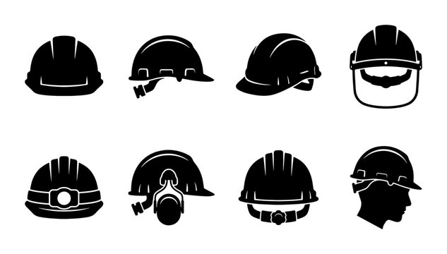 Industrial hard hat icons set, construction safety helmet vector collection, protective headwear symbols for building and engineering projects
