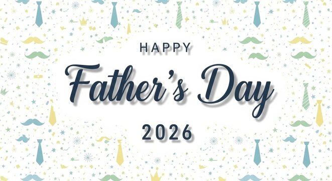 Happy fathers day 2026 festive background with ties and mustaches.