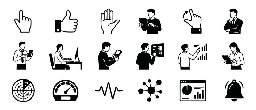 Business People Icons Set with Technology Symbols and Hand Gestures for User Interface Design and Web Development UX, Professional Corporate Infographic Elements and Digital Management Vector Graphics