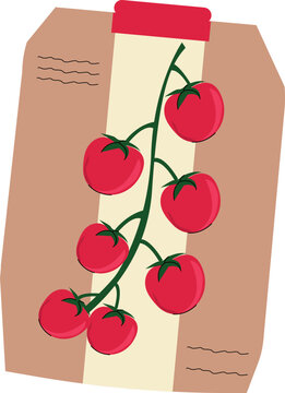 Red Cherry Tomatoes Packaging Vector Illustration &ndash; Organic Vegetable Seed Bag with Fresh Tomato Branch, Eco Food Design on transparent background.