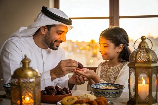 Loving Emirati Father Sharing Dates with Daughter During Ramadan Iftar at Sunset, Authentic