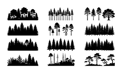 Black forest silhouette collection, pine tree and spruce wood vector set, coniferous and deciduous woodland landscape borders for outdoor design © Aminul