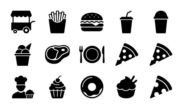 Fast food icon set with 15 black solid vector elements, restaurant menu symbols, junk food and dessert graphics for web design and apps