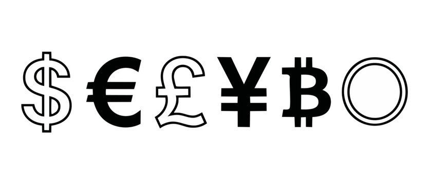 Currency Symbols Set: Dollar, Euro, Pound, Yen, Bitcoin and Circle Icon on White Background. Financial icons collection for banking, trading, exchange rate and global digital payment concept design.